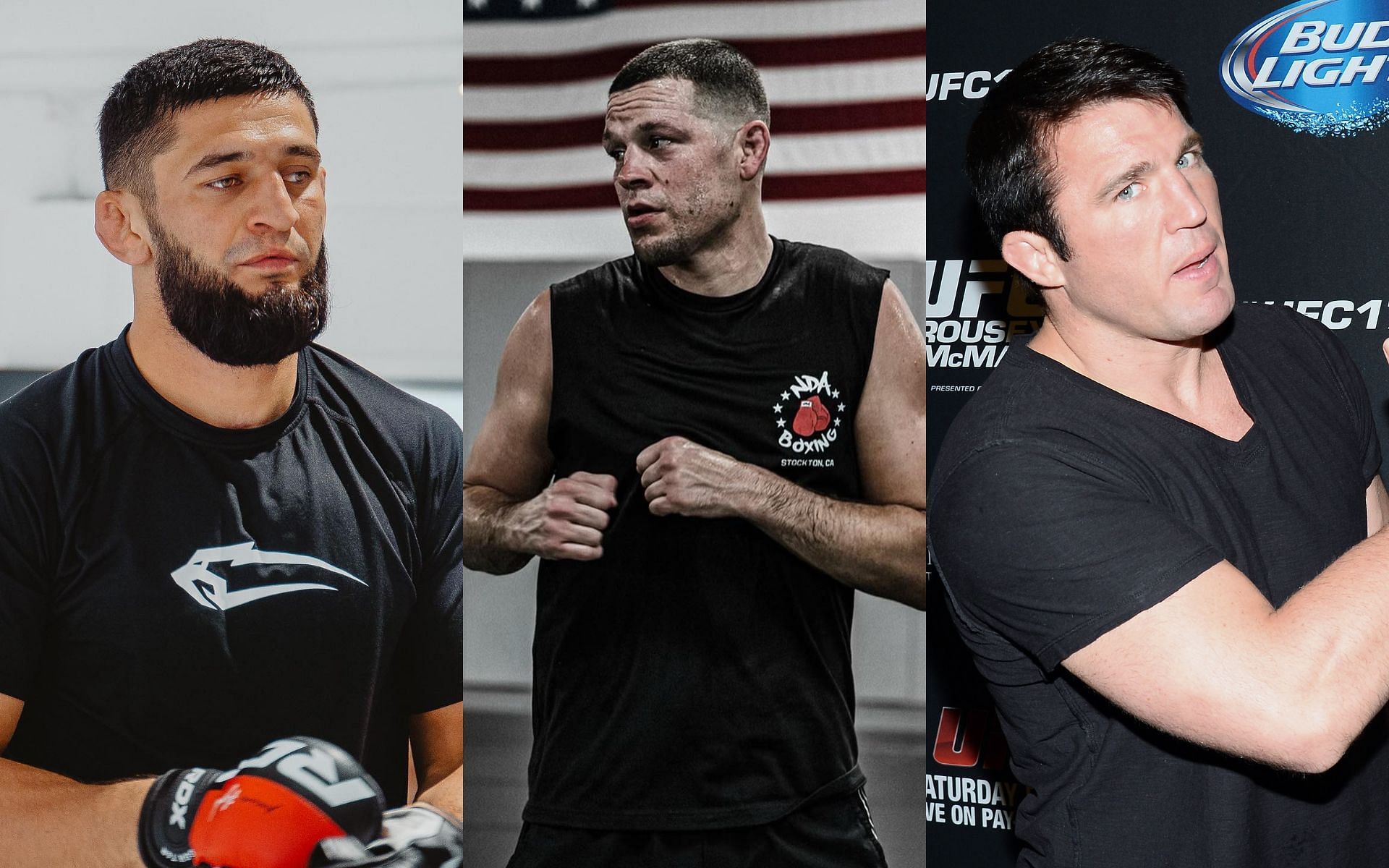 Chimaev, Diaz, and Sonnen (left, center, and right; images courtesy of @khamzat_chimaev Instagram, @natediaz209 Instagram, and Getty)