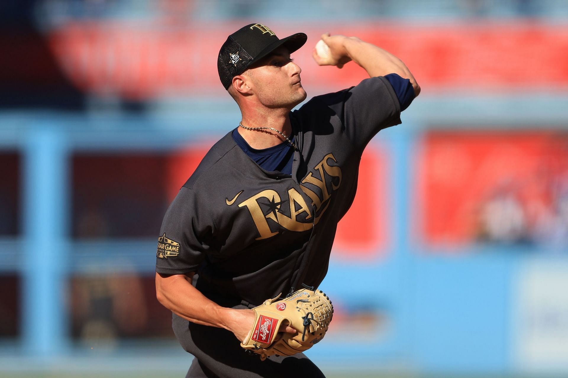 Shane McClanahan pitches in the first inning during the 92nd MLB All-Star Game.