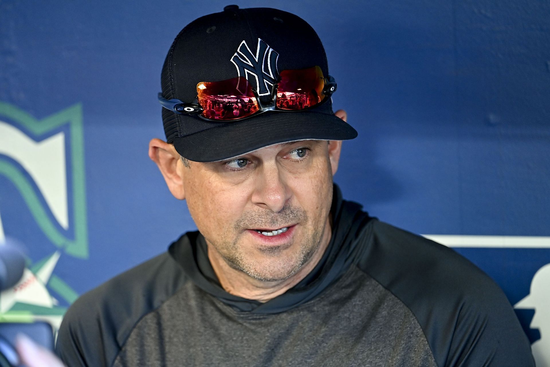 Manager Aaron Boone meets with the media before the game against the Seattle Mariners at T-Mobile Park.