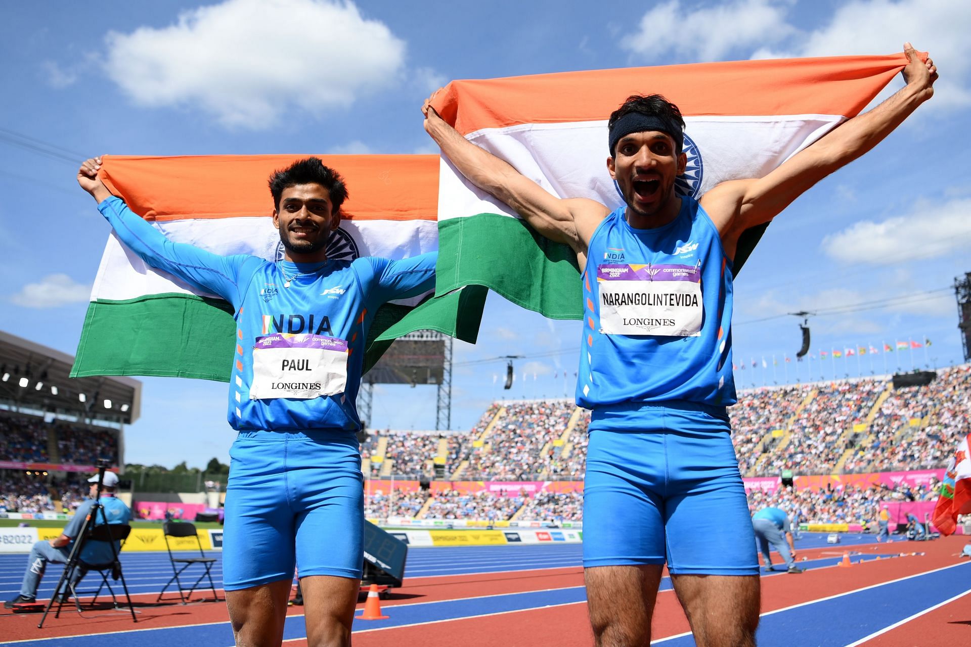 Eldhose Paul (left) and Abdulla Aboobacker celebrate after the triple jump event. (PC: Getty Images)