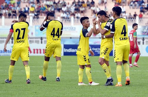 Hyderabad FC players celebrate a goal during their win against TRAU FC. [Credits: Suman Chattopadhyay/www.imagesolutionr.in]