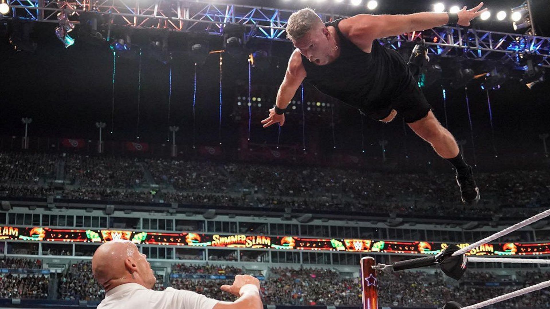 Pat McAfee connects with a Swanton Bomb on Happy Corbin at WWE SummerSlam