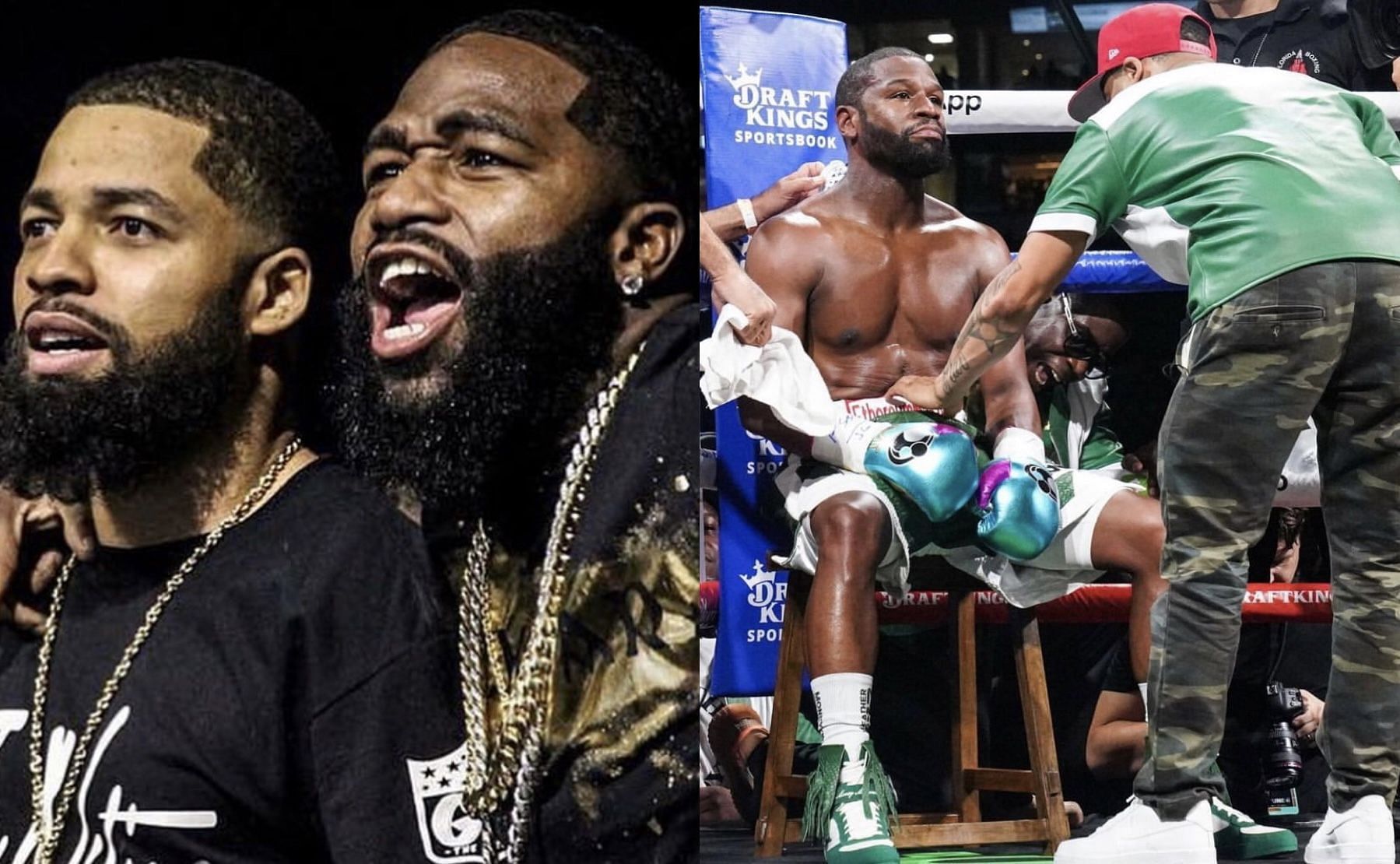 Trainer GT and Adrien Broner (left), Floyd Mayweather Jr. (right) - Images via @gt_the_great_ on Instagram