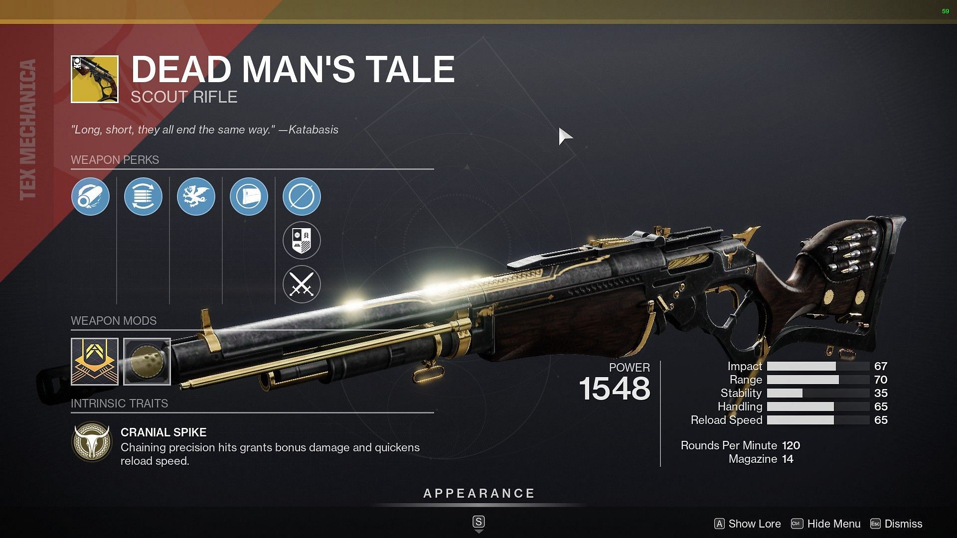 Dead Man&#039;s Tale is on sale at Xur (Image via Bungie)