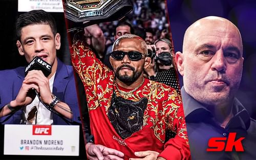 (L-R) Brandon Moreno, Deiveison Figueiredo, Joe Rogan [Images via @theassassinbaby and @daico_deusdaguerra on Instagram]