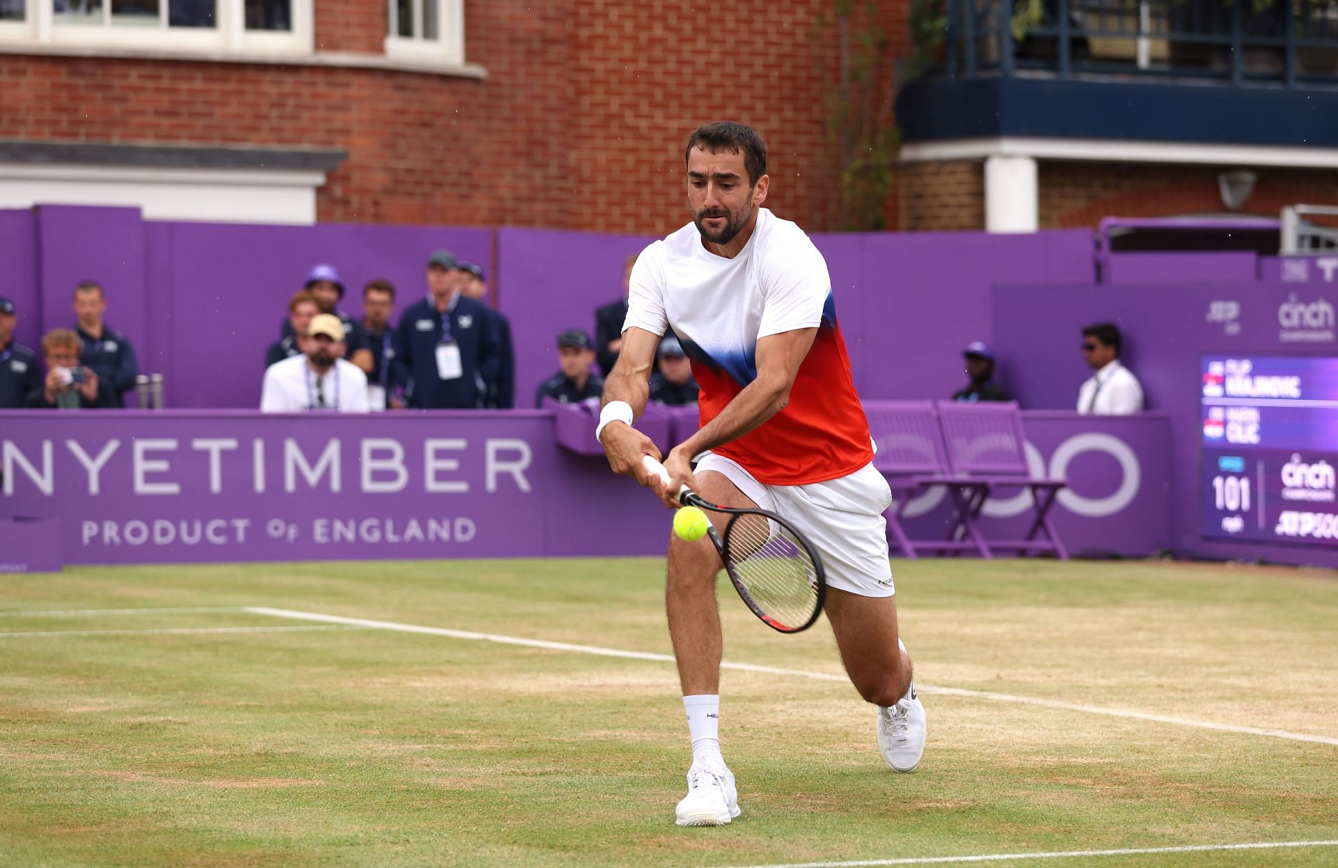 Cilic  plays a backhand against Filip Krajinovic during the cinch Championships - Day 6