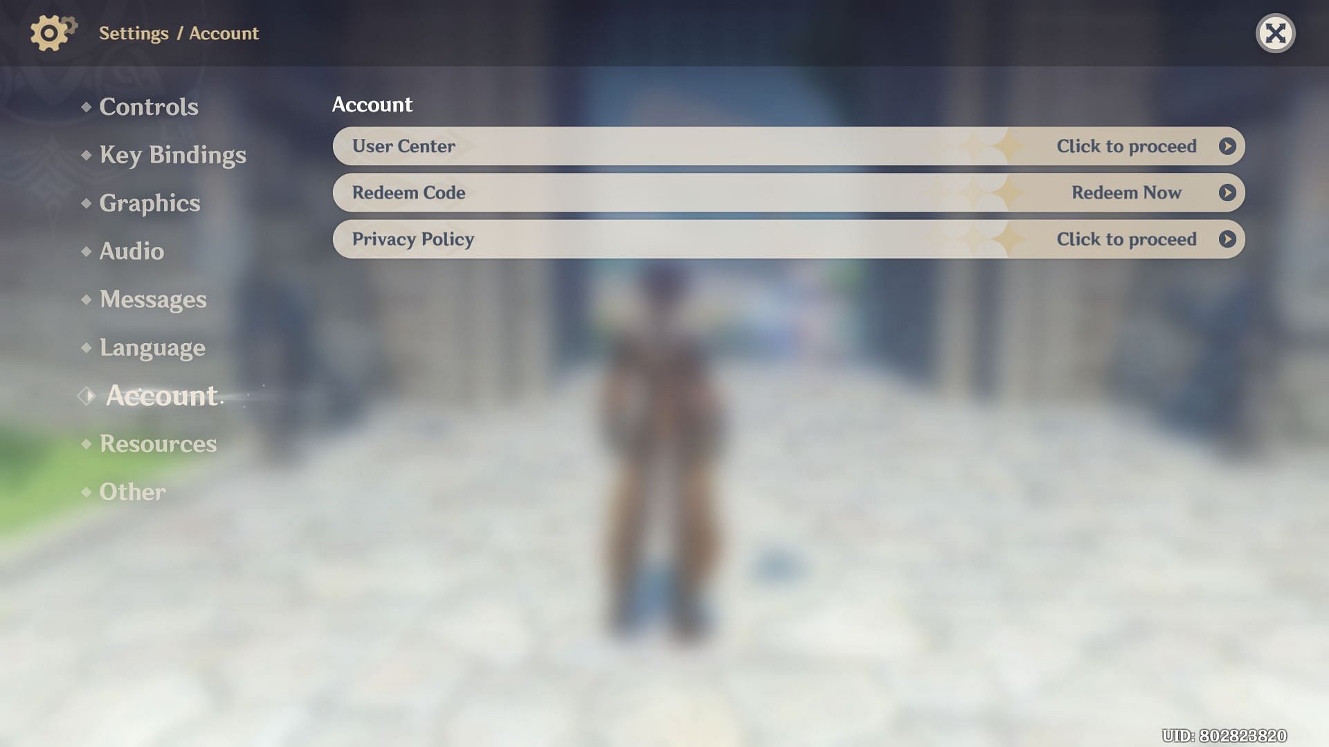 Account tab in Settings (Image via Genshin Impact)