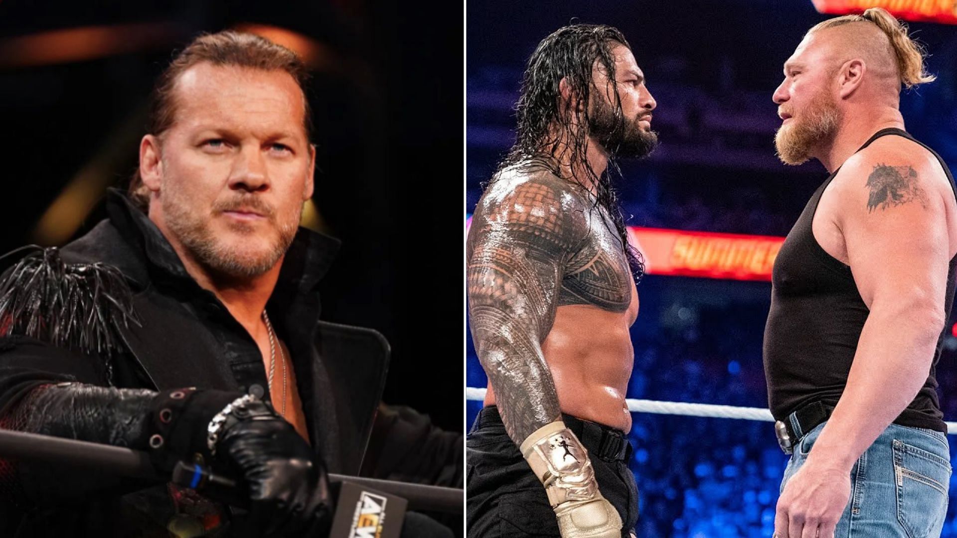Chris Jericho (left), Brock Lesnar, and Roman Reigns (right)
