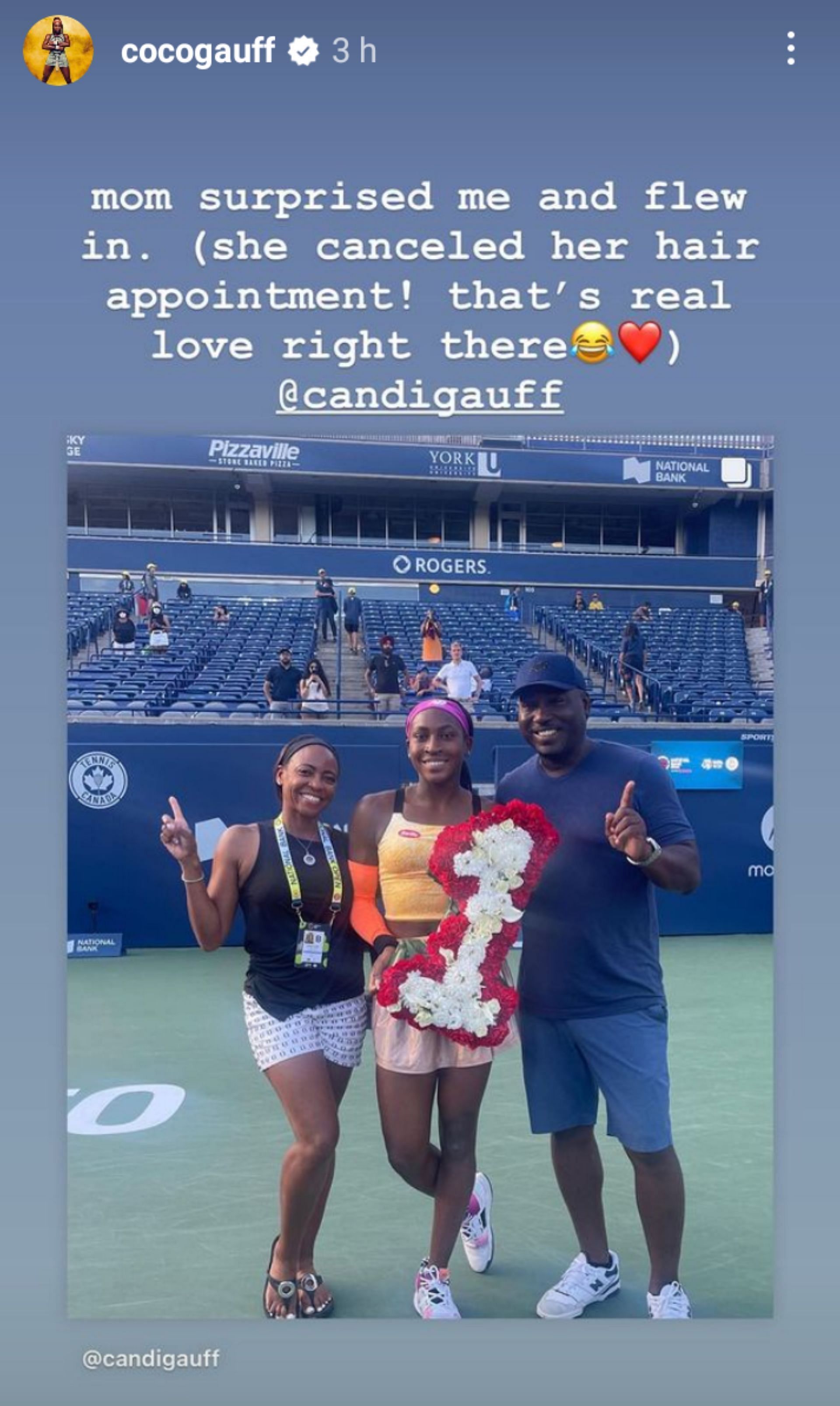 Coco Gauff with her parents after winning the doubles title in Canada