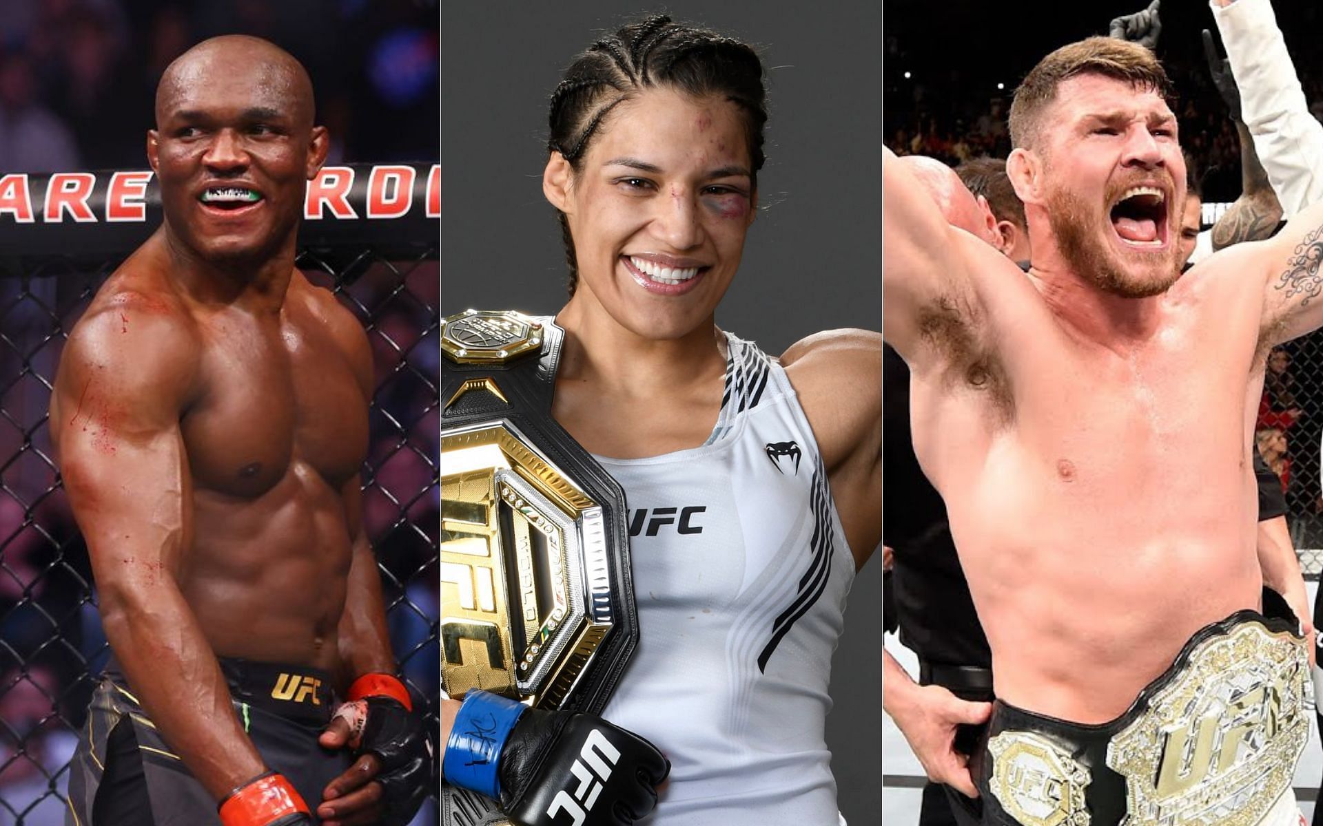 Kamaru Usman (left), Julianna Pena (centre) and Michael Bisping (right) were all TUF champions