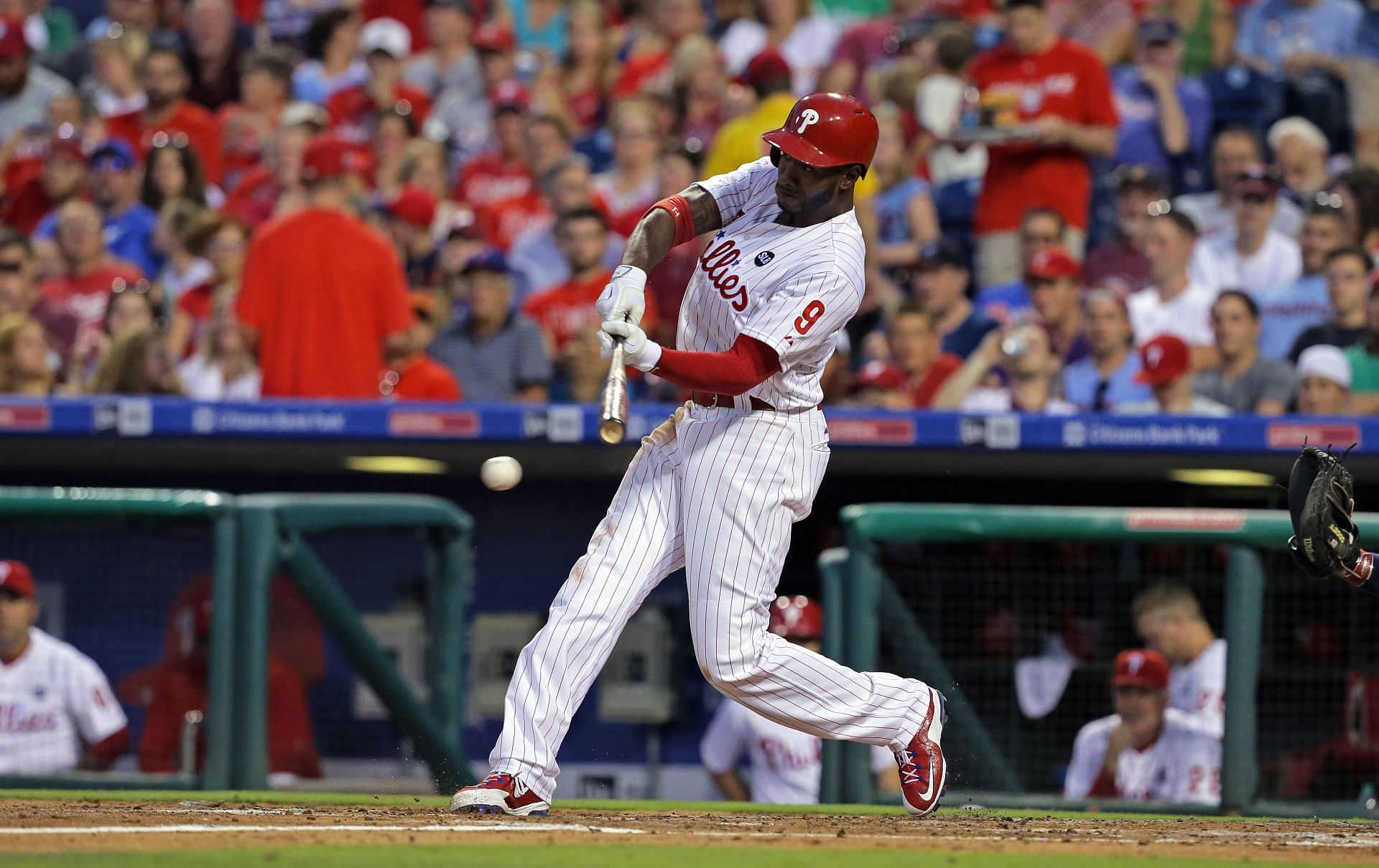 Domonic Brown #9 of the Philadelphia Phillies bats during a game against the Atlanta Braves at Citizens Bank Park on July 31, 2015