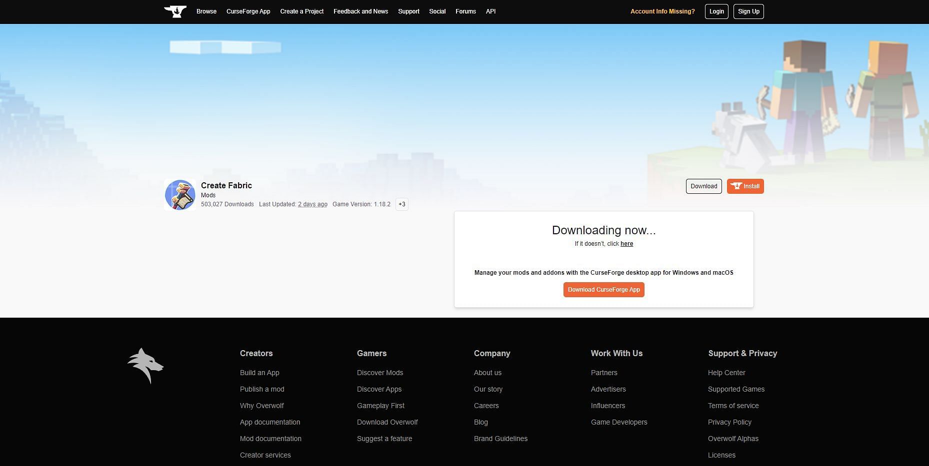 The download page for the Create mod on the CurseForge website (Image via CurseForge)