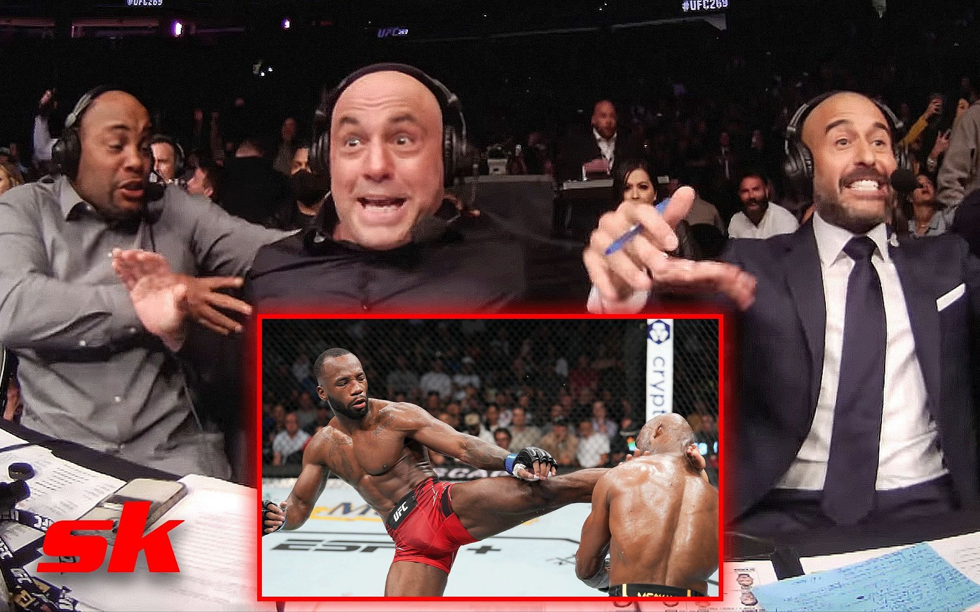 Daniel Cormier, Joe Rogan, and Jon Anik (back) react to Leon Edwards knocking out Kamaru Usman (front). [Images courtesy: back image from YouTube UFC, front image from Twitter @arielhelwani]