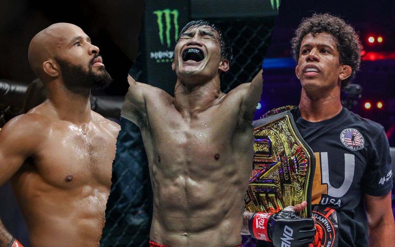 Filipino icon Eduard Folayang (center) expects Demetrious Johnson (left) to change his strategy against the flyweight king Adriano Moraes (rright) at ONE on Prime Video 1 [Credit: ONE Championship]