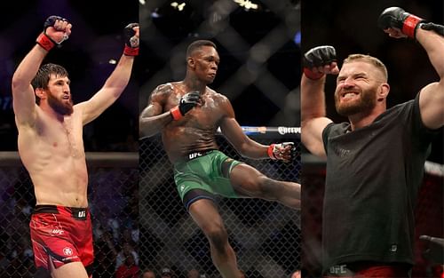 Magomed Ankalaev (left), Israel Adesanya (middle), and Jan Blachowicz (right)