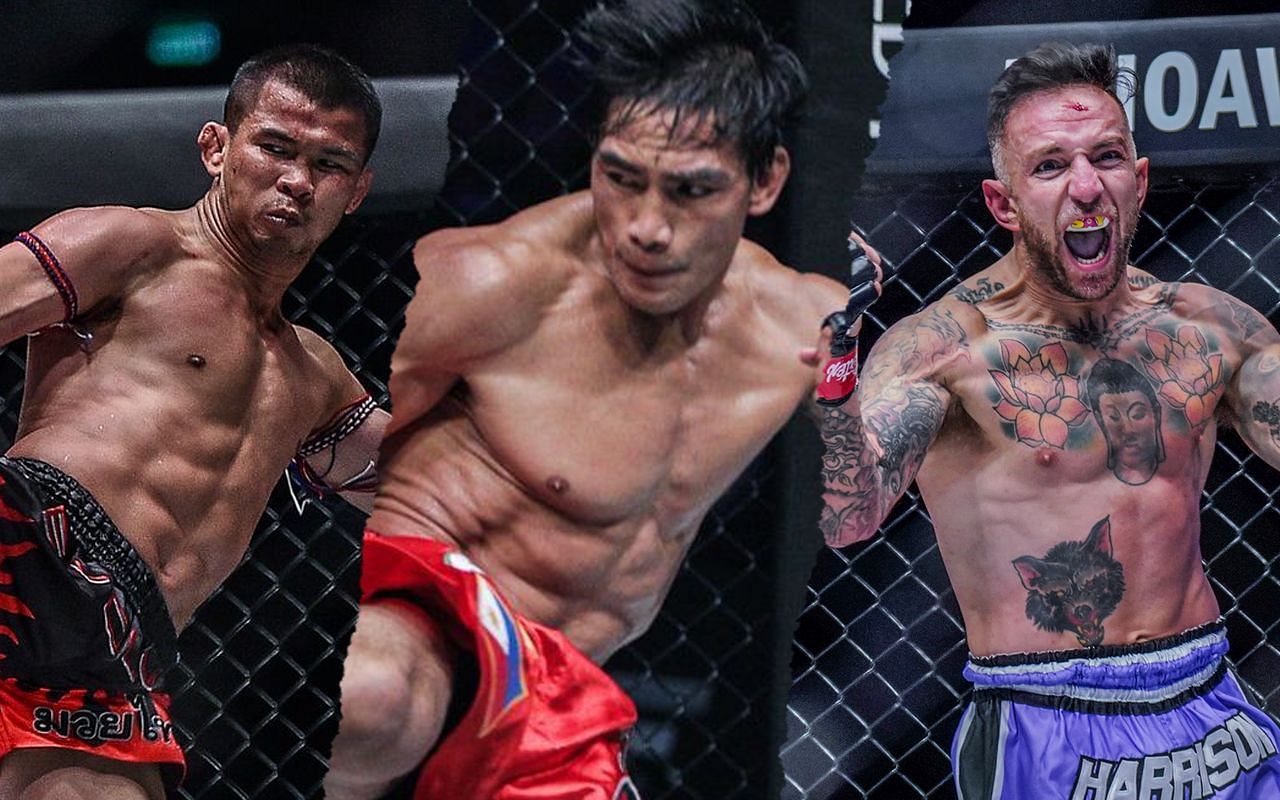 (left) Nong-O&#039;s precision is what will be the difference maker, says (middle) Folayang, against Liam Harrison (right) [Credit: ONE Championship]