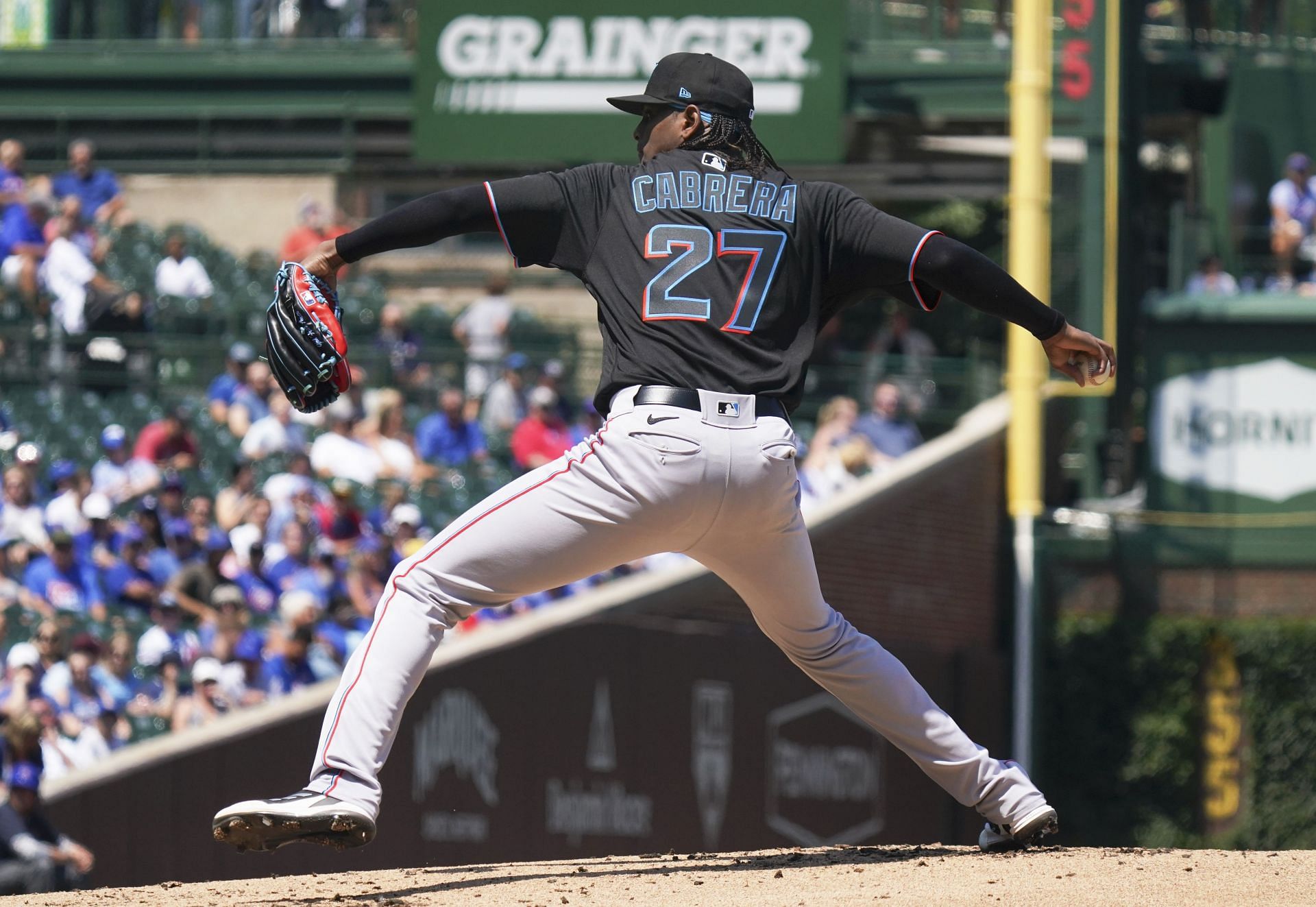 Edward Cabrera #27 of the Miami Marlins throws a pitch during the first inning against the Chicago Cubs at Wrigley Field on August 05