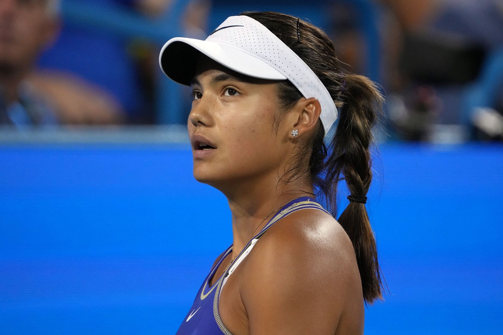 Emma Raducanu of Great Britain reacts against Jessica Pegula atWestern & Southern Open - Day 6