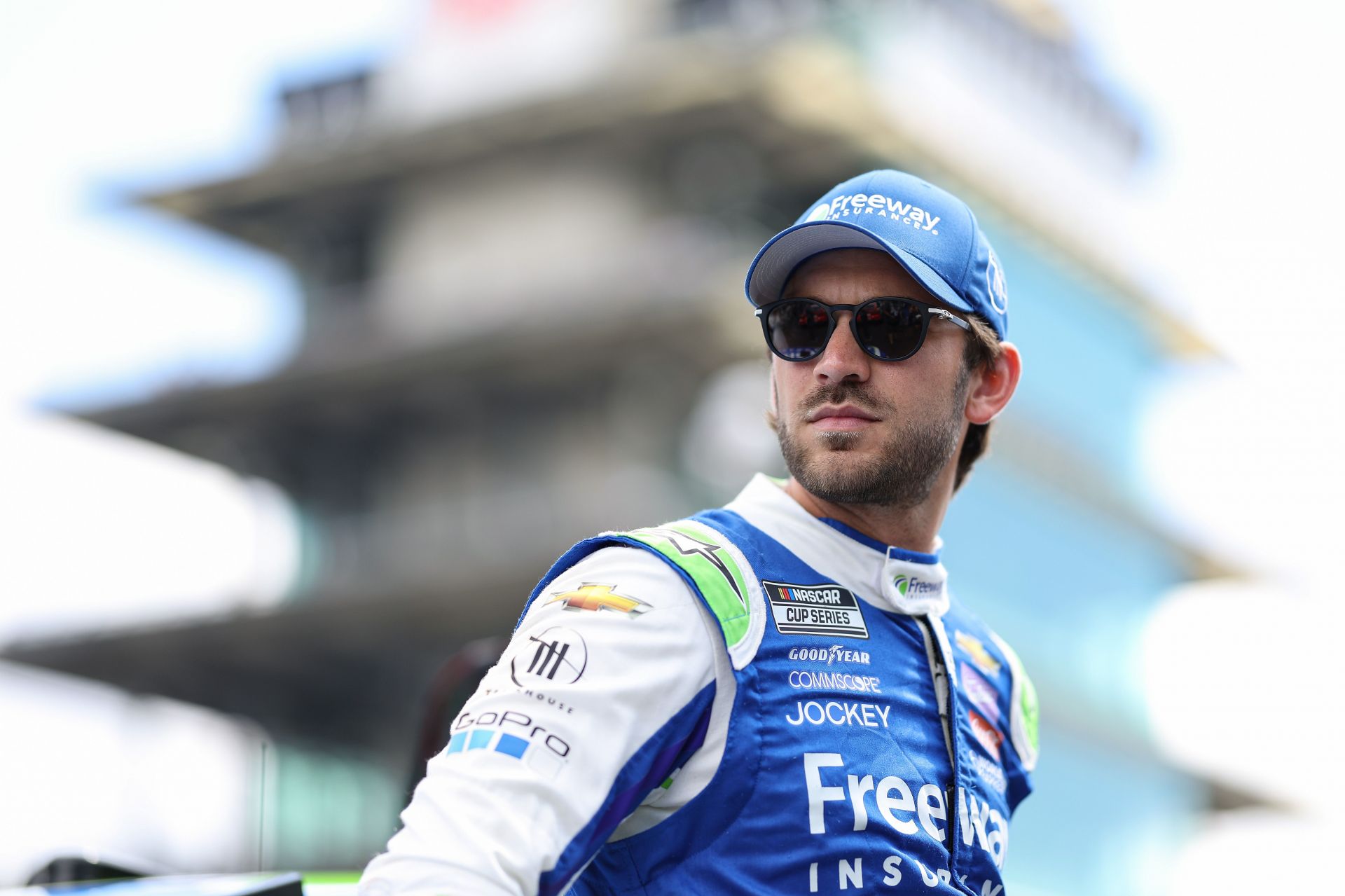 Daniel Suarez waits on the grid prior to the NASCAR Cup Series Verizon 200 at the Brickyard at Indianapolis Motor Speedway