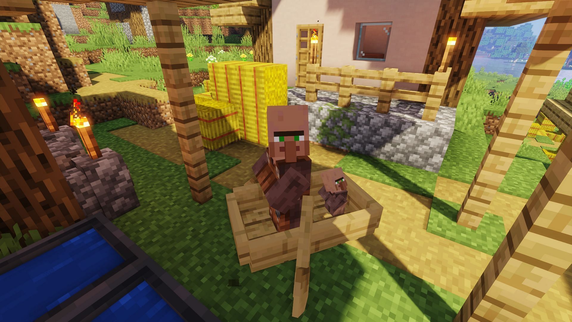 Two villagers trapped in a boat (Image via Minecraft)