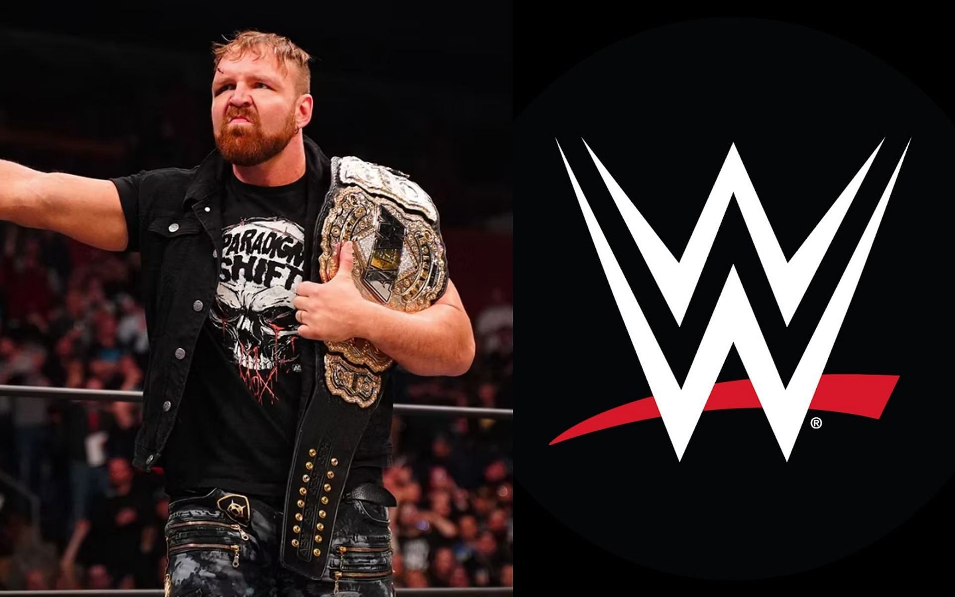 Jon Moxley (left) and WWE logo (right).