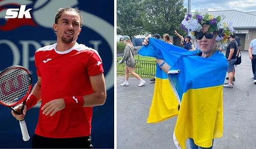 Alexandr Dolgopolov (L), Lady with Ukraine's flag draped around her in Cincinnati