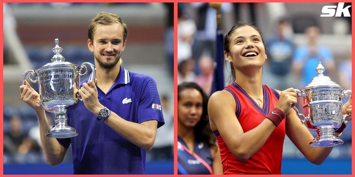 Daniil Medvedev and Emma Raducanu with their US Open trophies