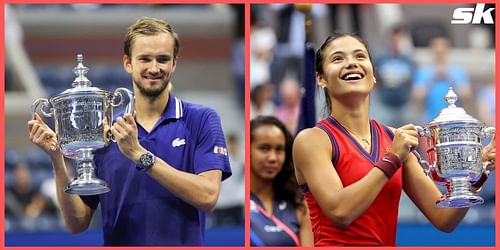 Daniil Medvedev and Emma Raducanu with their US Open trophies