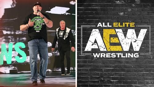 WWE Hall of Famer Road Dogg (left) and AEW logo (right).