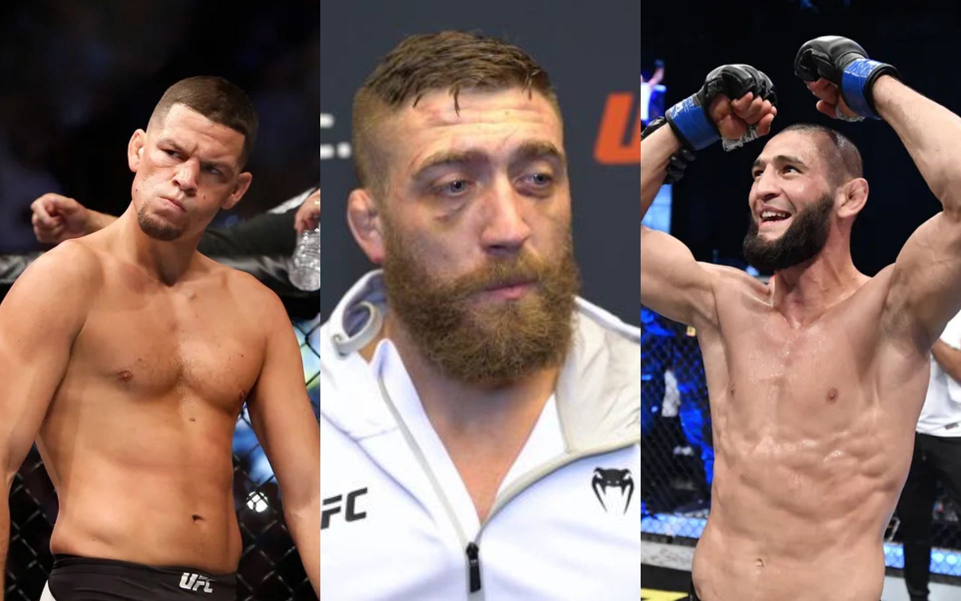 From left to right: Nate Diaz, Gerald Meerschaert, and Khamzat Chimaev [Image credits: Steve Marcus/Getty Images, UFC.com, and Chris Unger/Zuffa LLC]