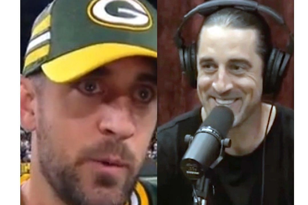 Aaron Rodgers during an NFL game and during an interview with Joe Rogan