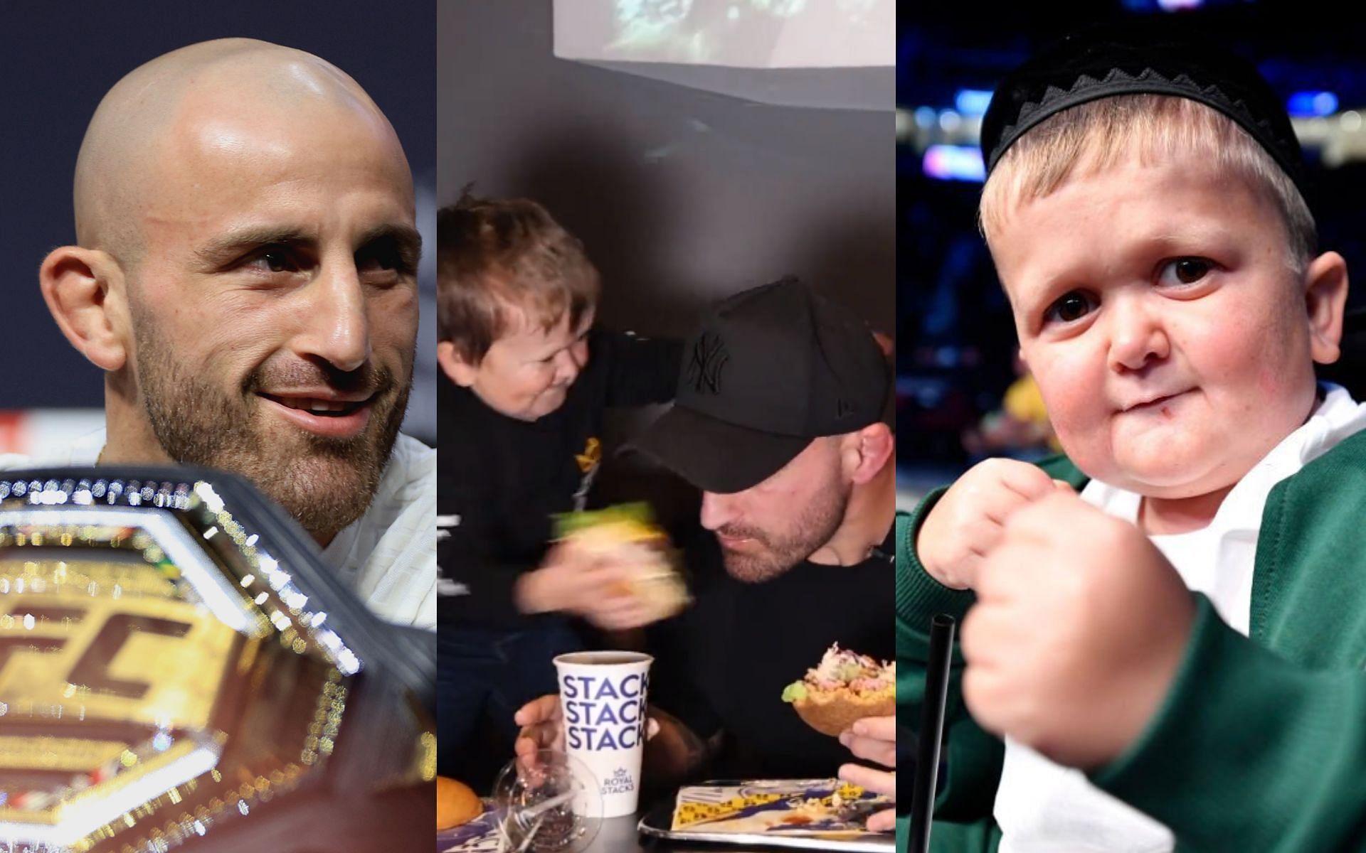 Alexander Volkanovski (left), with Hasbulla Magomedov (center and left). [Images courtesy: left and right images from Getty Images, center image from Twitter @alexvolkanovski]