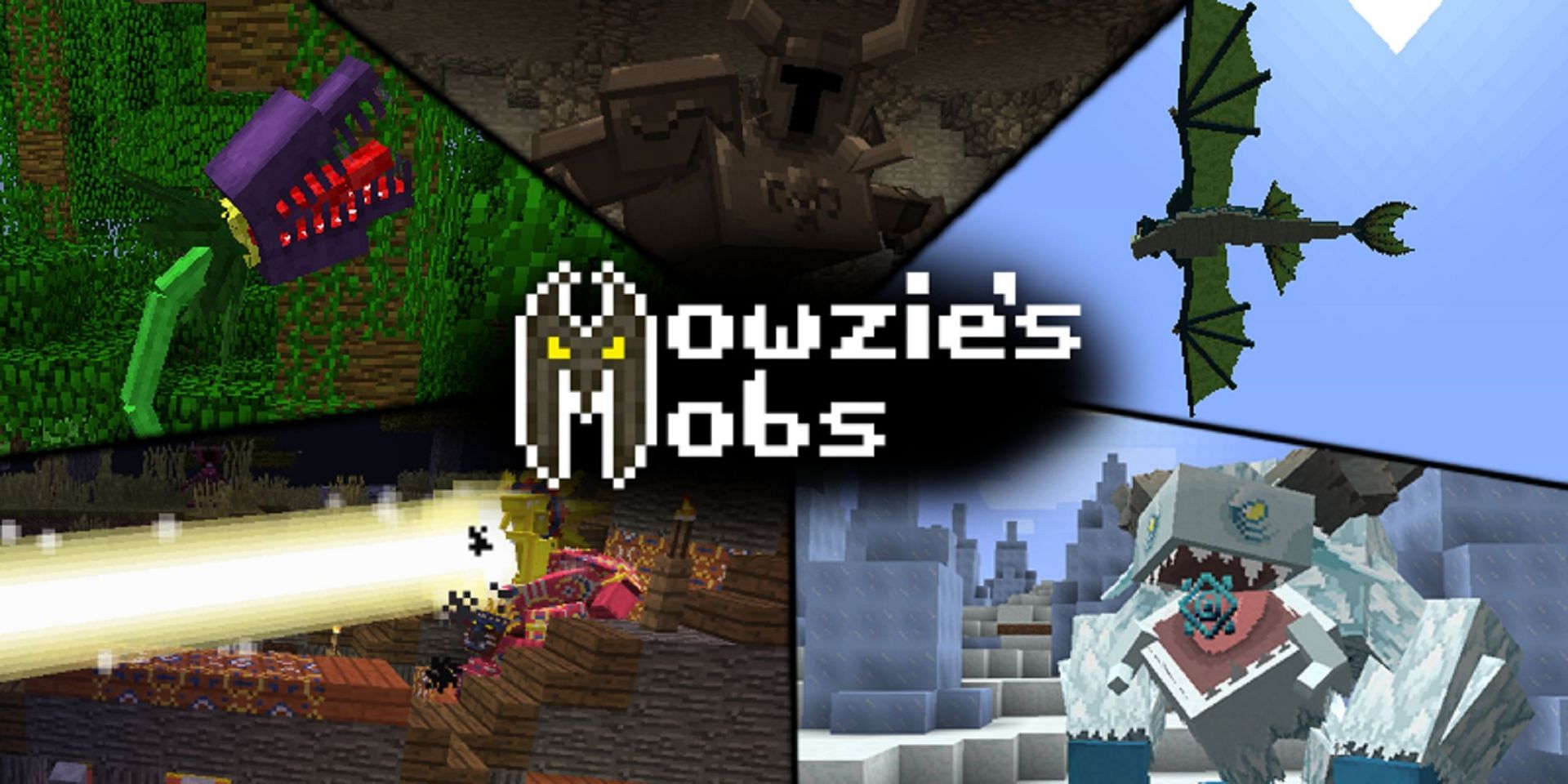 Various logos and creatures in Mowzie&#039;s Mobs (Image via bobmowzie/CurseForge)
