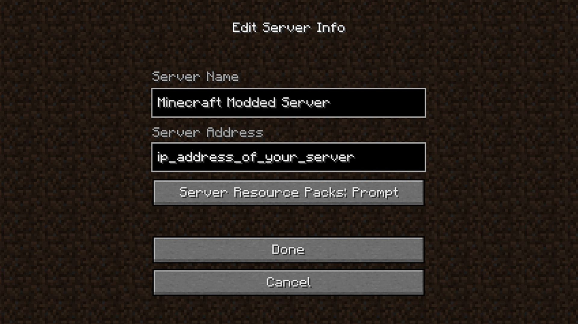 Minecraft&#039;s multiplayer menu adding a server to its list (Image via Mojang)