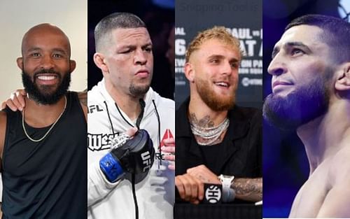 L-R: Demetrious Johnson, Nate Diaz, Jake Paul and Khamzat Chimaev [Image credits- via Instagram @mighty and Getty]