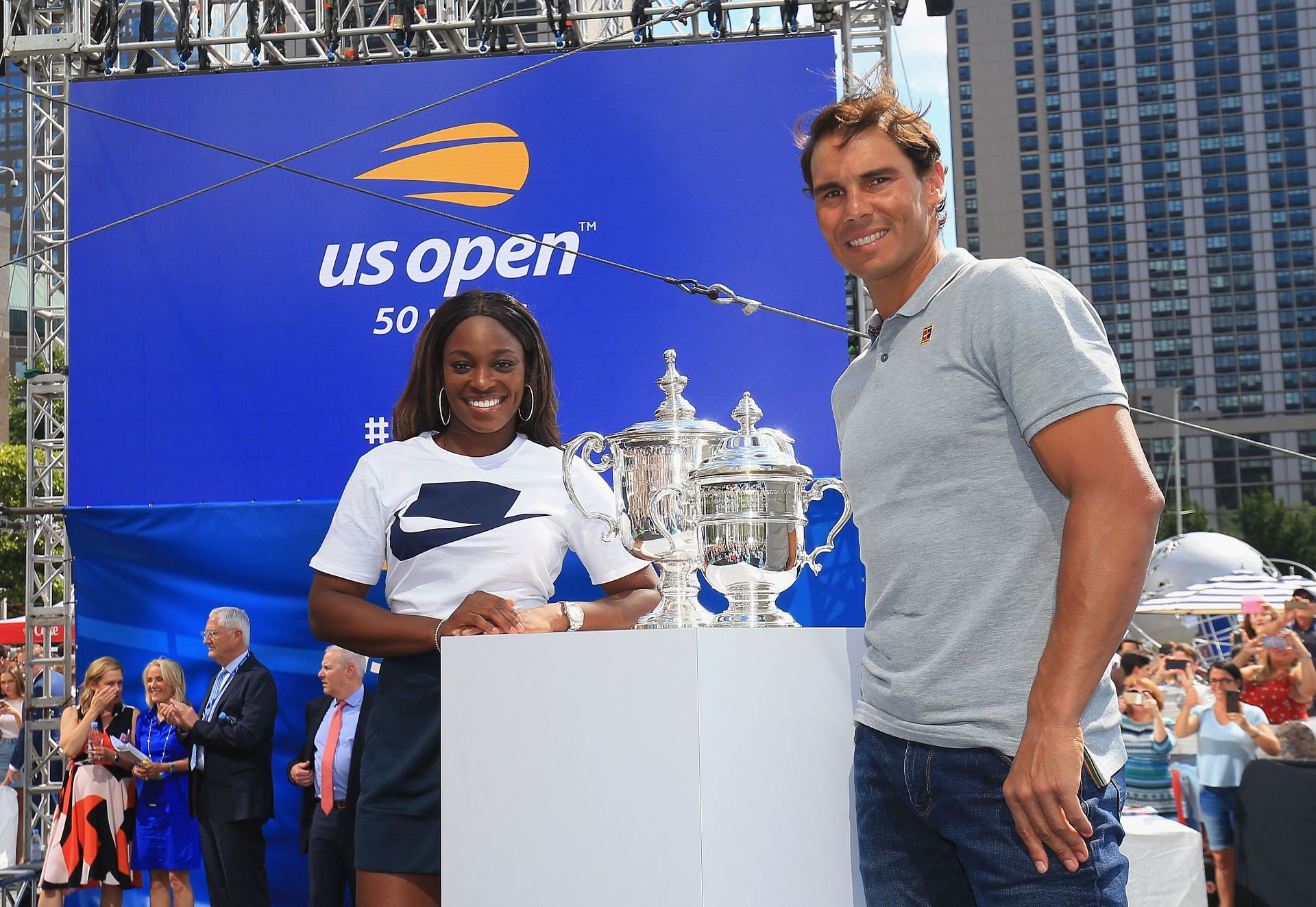 Sloane Stephens (L) with Rafael Nadal after winning the 2017 US Open