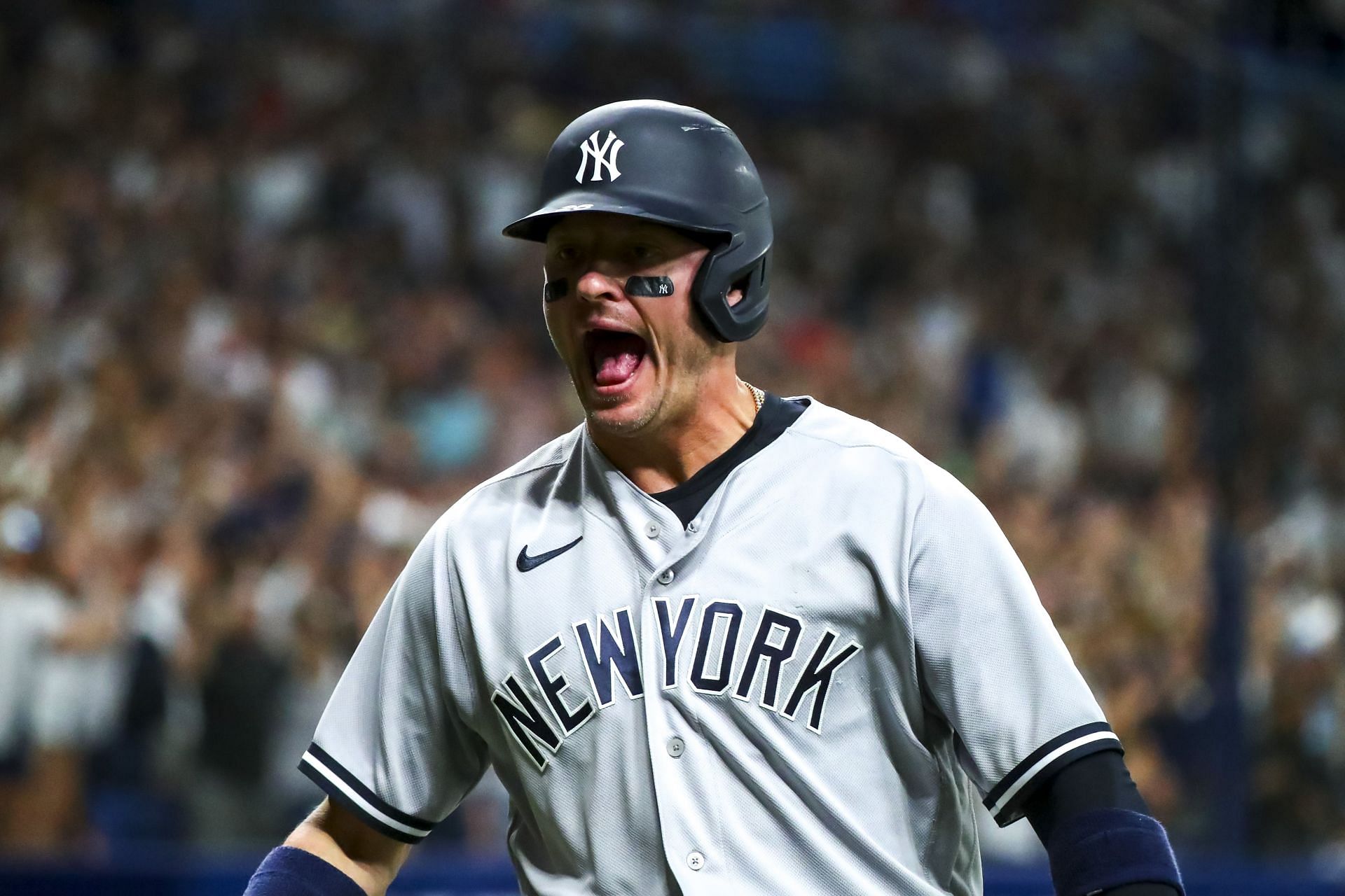 Josh Donaldson reacts after scoring on a triple by Aaron Hicks against the Tampa Bay Rays.