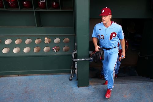 Noah Syndergaard of the Philadelphia Phillies walks out of the clubhouse to face the Washington Nationals.