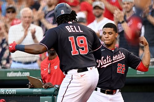 Josh Bell celebrates with Juan Soto