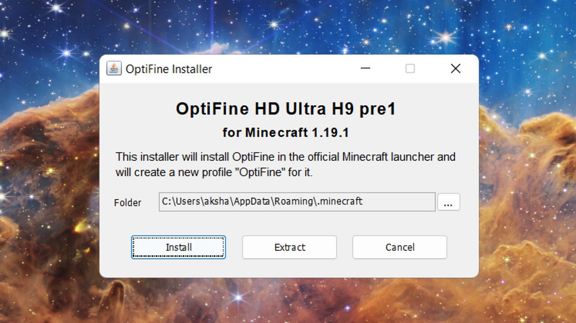 Installation dialog box (Image via OptiFine)