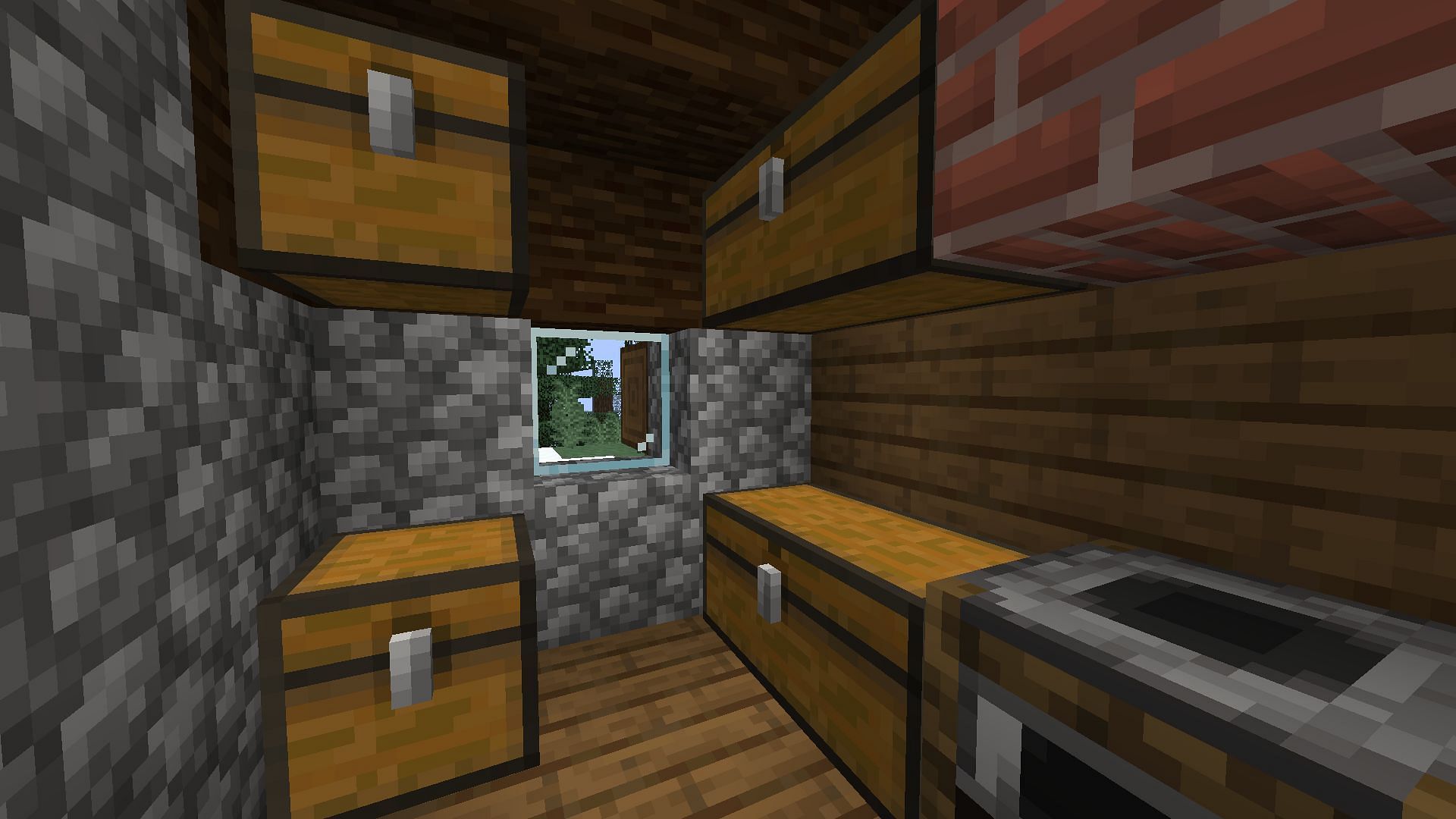 Chests placed on walls and floor filled with food items in Minecraft (Image via Mojang)