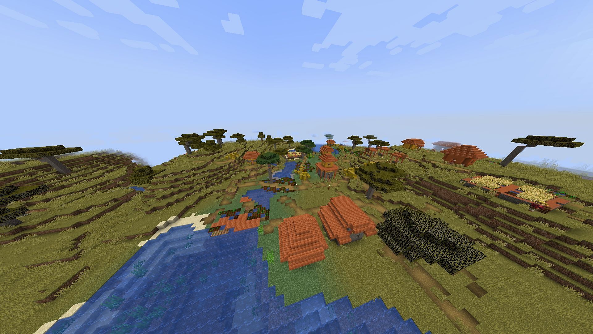 One of the four savanna villages in this seed (Image via Minecraft)