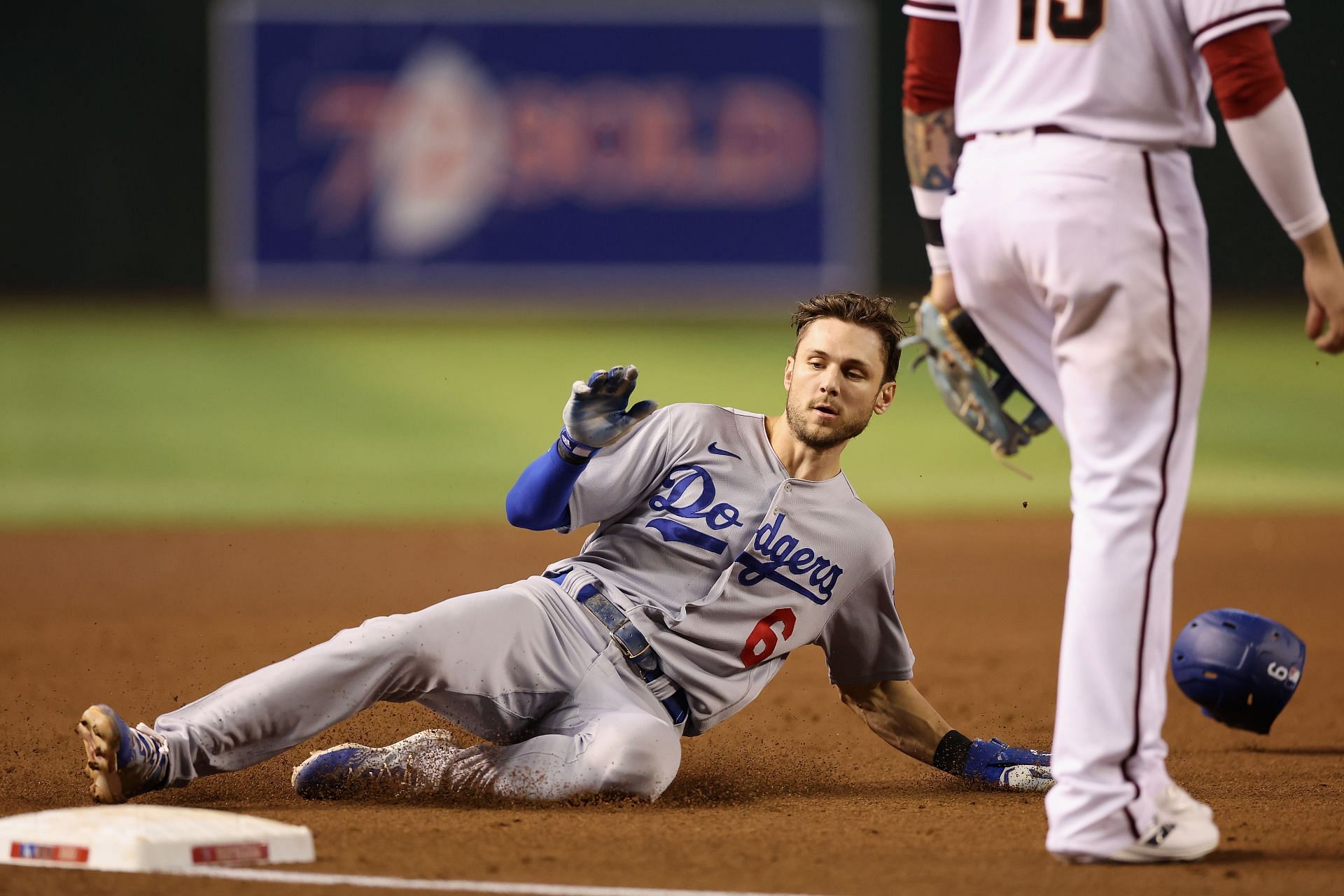 Trea Turner of the Los Angeles Dodgers looks on during a game