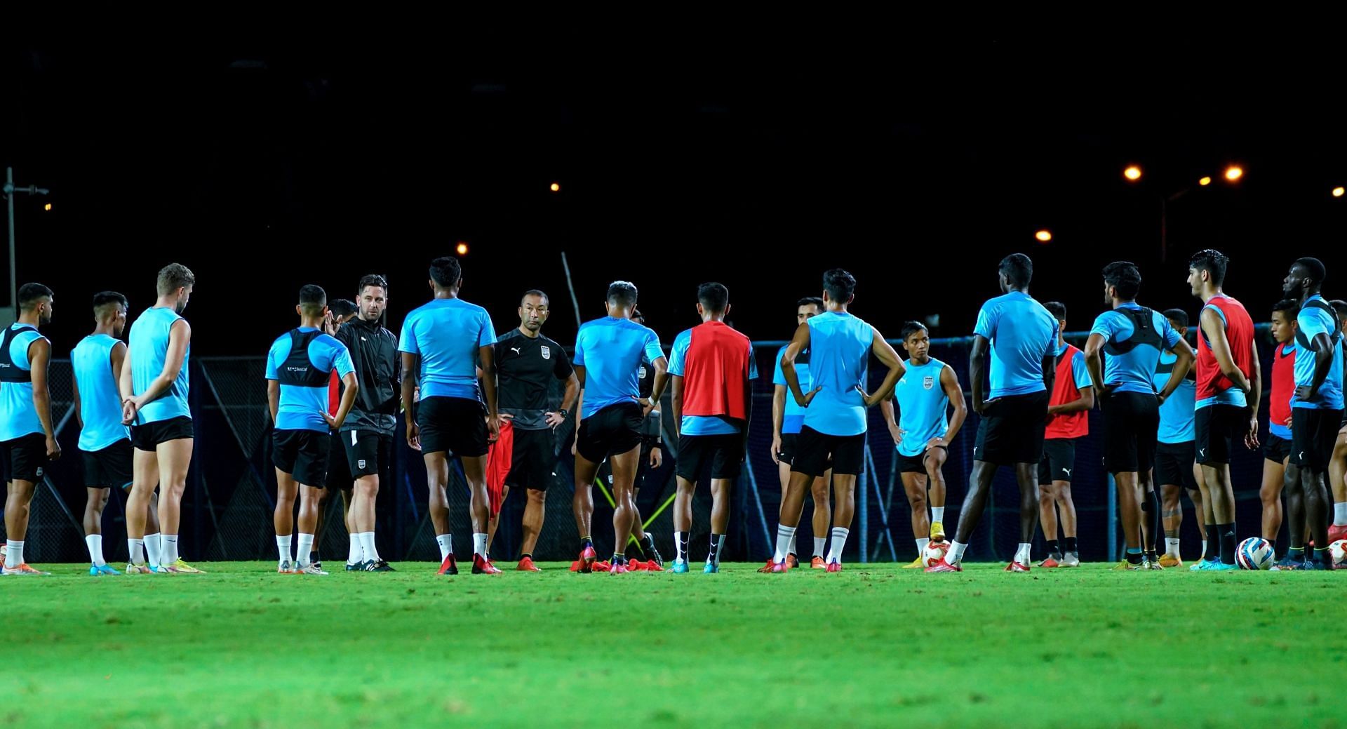 Mumbai City FC players training ahead of the clash against Mohammedan SC.