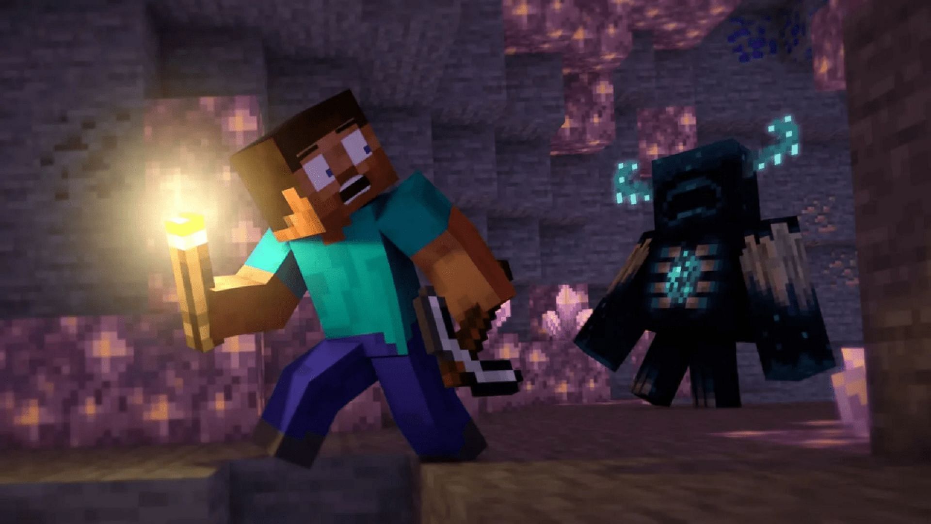 Steve flees the Warden in Minecraft (Image via Mojang)