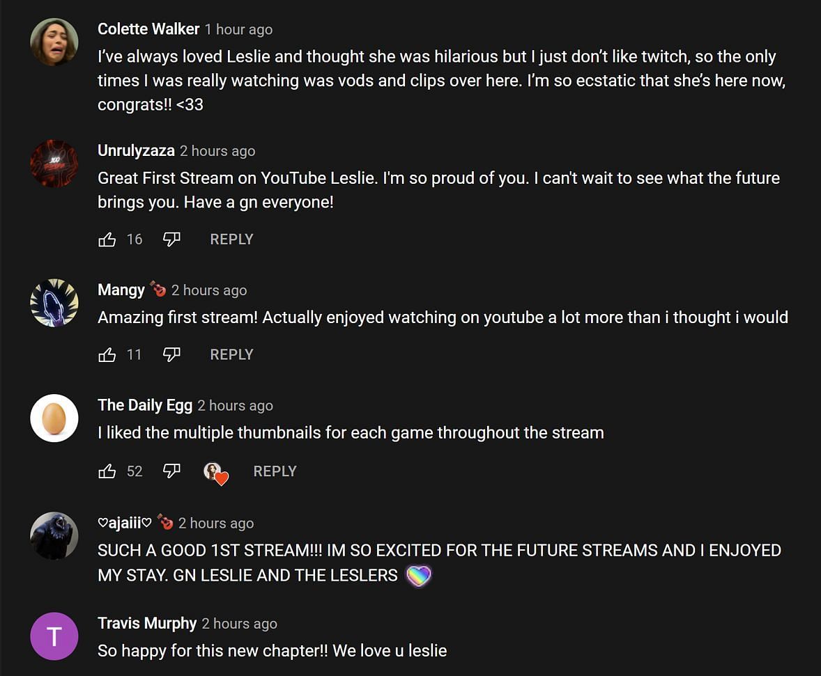 Fans in the YouTube comments section lauding the streamer&#039;s first broadcast on YouTube Gaming (Images via Fuslie/YouTube)