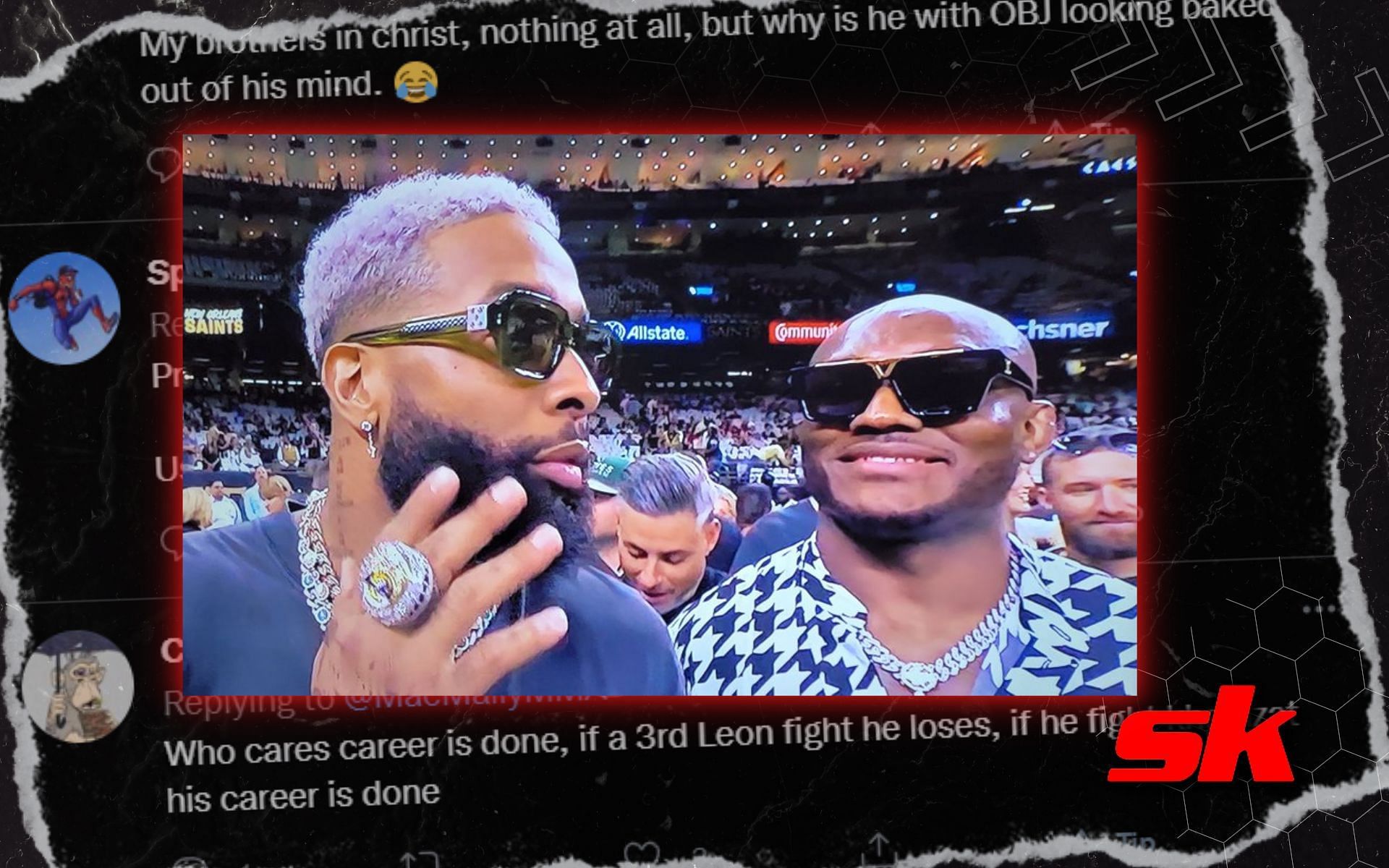 Fans react to Kamaru Usman and Odell Beckham Jr. hanging out at New Orleans Saints vs Tampa Bay Buccaneers.[Image credits: @MacMally on twitter]