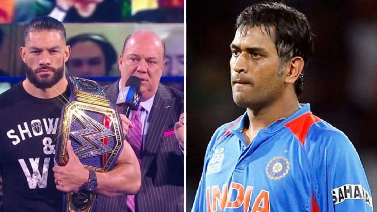 Roman Reigns and Paul Heyman (left); MS Dhoni (right)