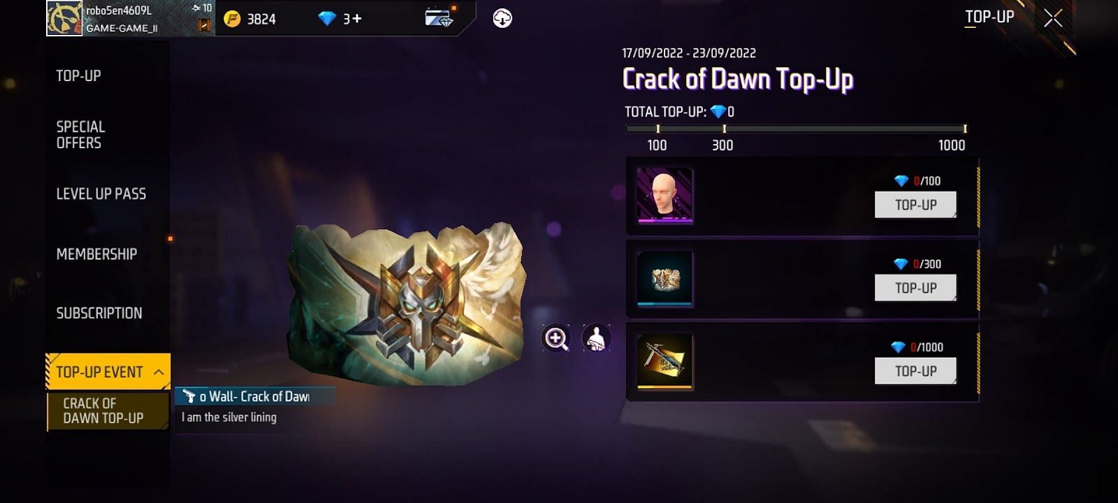 Crack of Dawn Top-Up features three free rewards (Image via Garena)