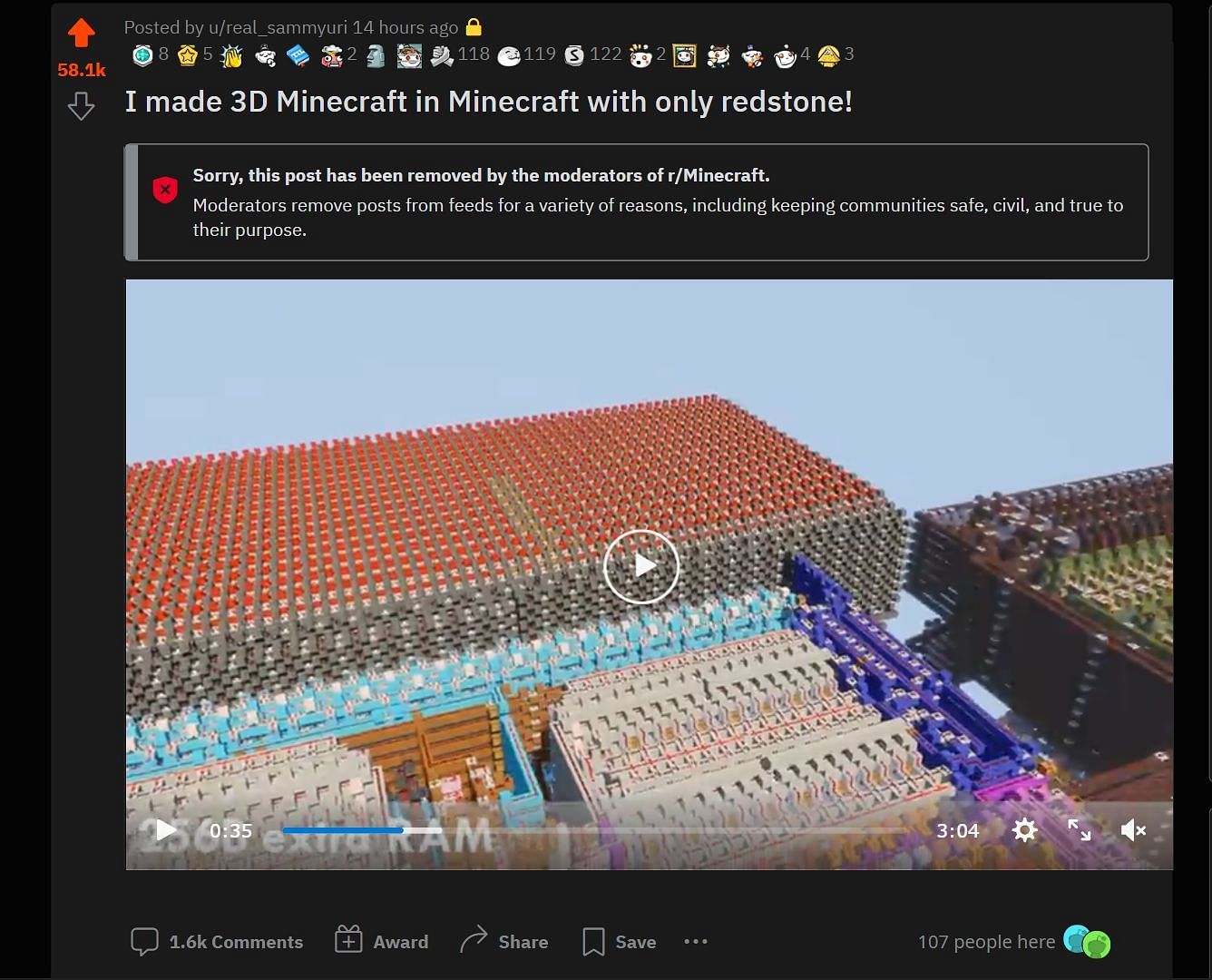 Redditors create playable 3D Minecraft inside game using redstone